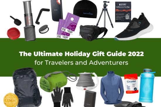 Holiday gift guide for adventurers - shoes, coffee, waterbottle, hat, backpack, sandals, gloves, toothpaste, camping, hiking equipment