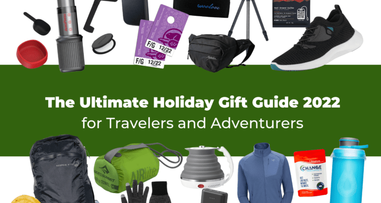 Holiday gift guide for adventurers - shoes, coffee, waterbottle, hat, backpack, sandals, gloves, toothpaste, camping, hiking equipment
