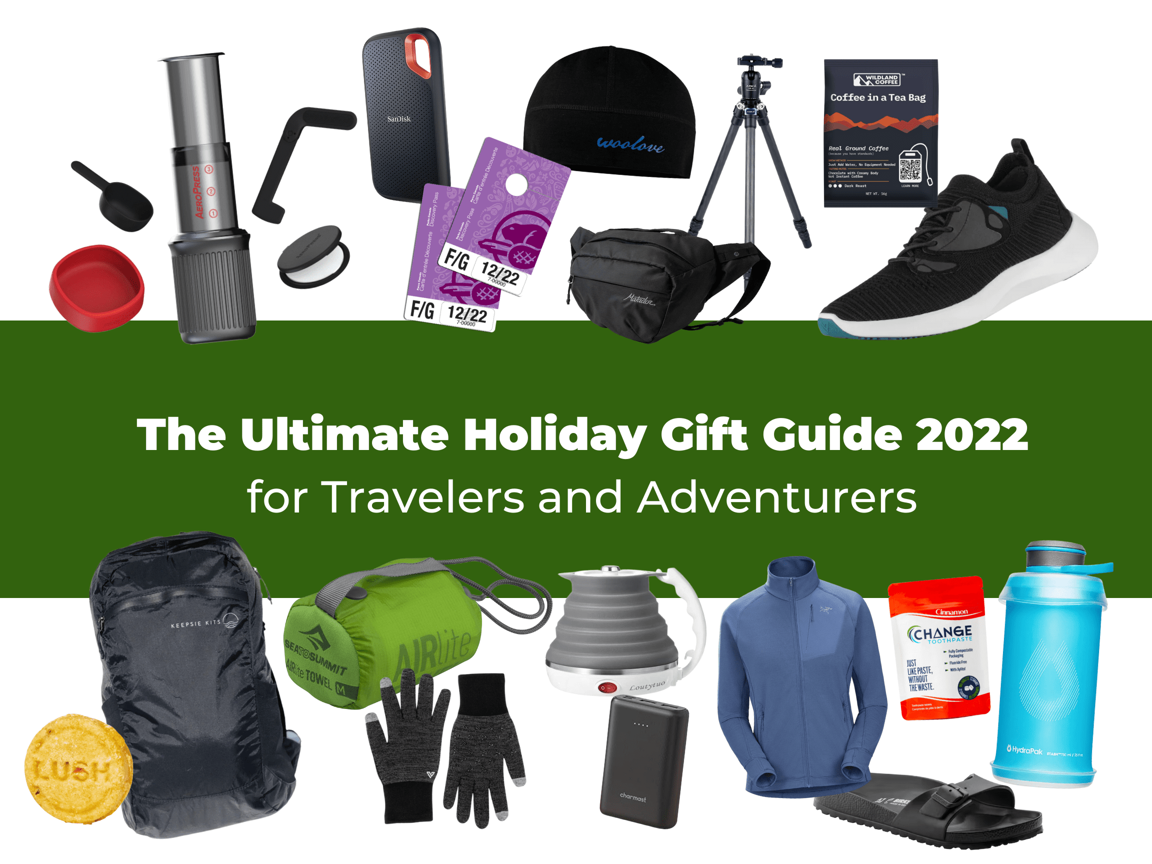 Holiday gift guide for adventurers - shoes, coffee, waterbottle, hat, backpack, sandals, gloves, toothpaste, camping, hiking equipment